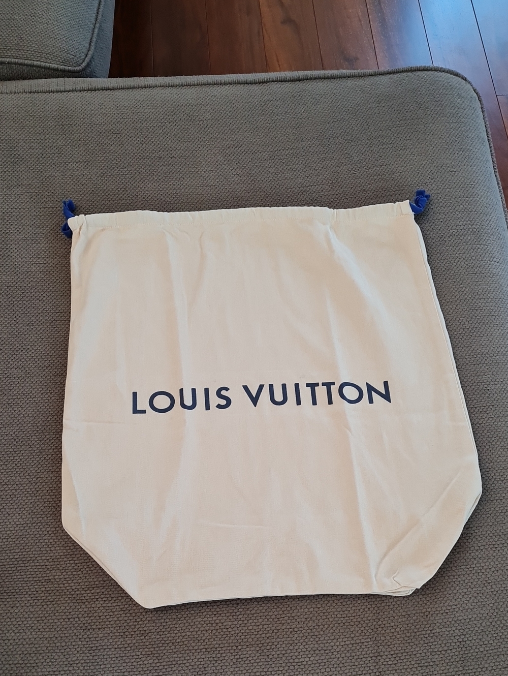 Louis Vuitton Cream Dust Bag with Blue Logo and Drawstrings